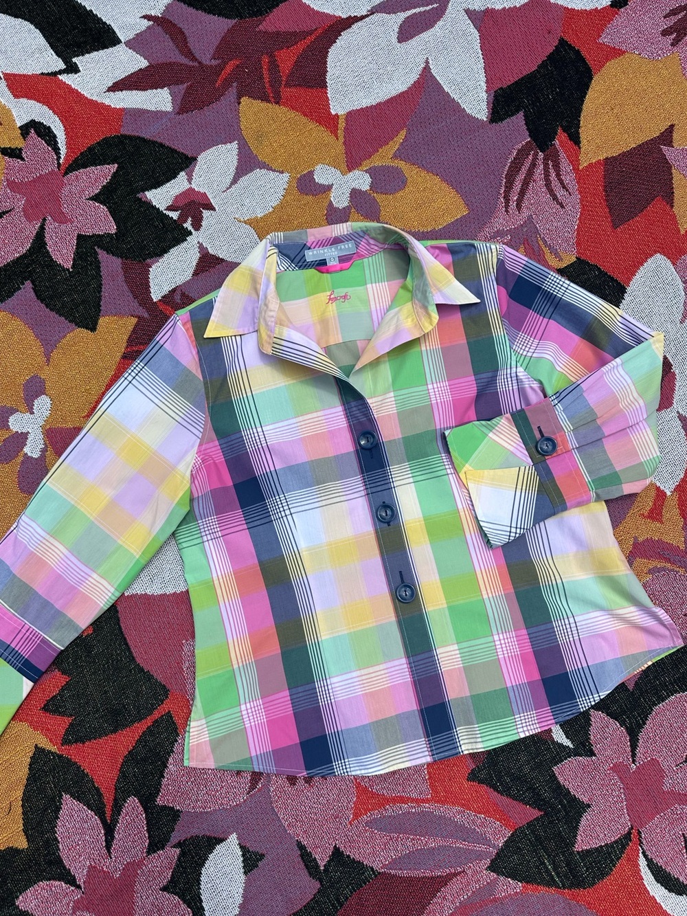 Foxcroft Plaid Button-Up Shirt in Pastel Pink, Green, Yellow